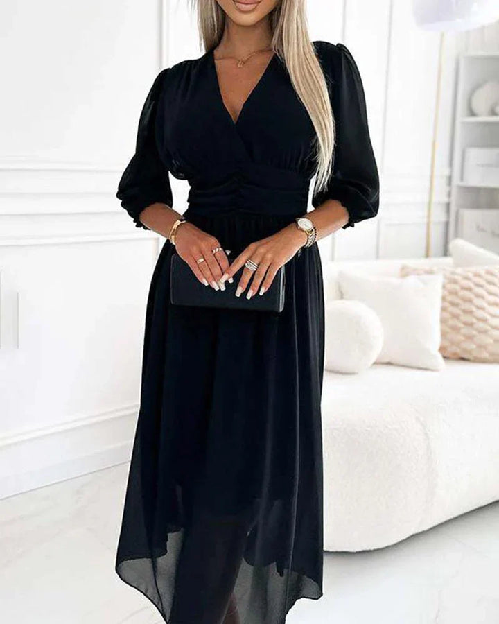 Women’s Midi Dress with V-neck and Three-Quarter Sleeves