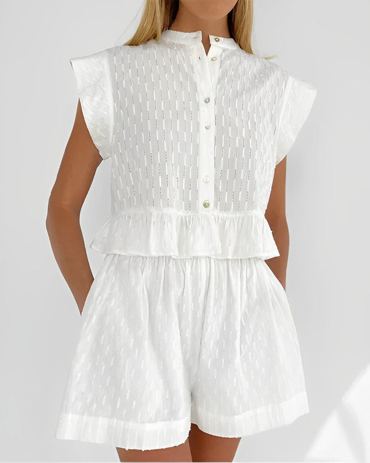Women’s Blouse Set with Ruffle Hem and Paired Shorts