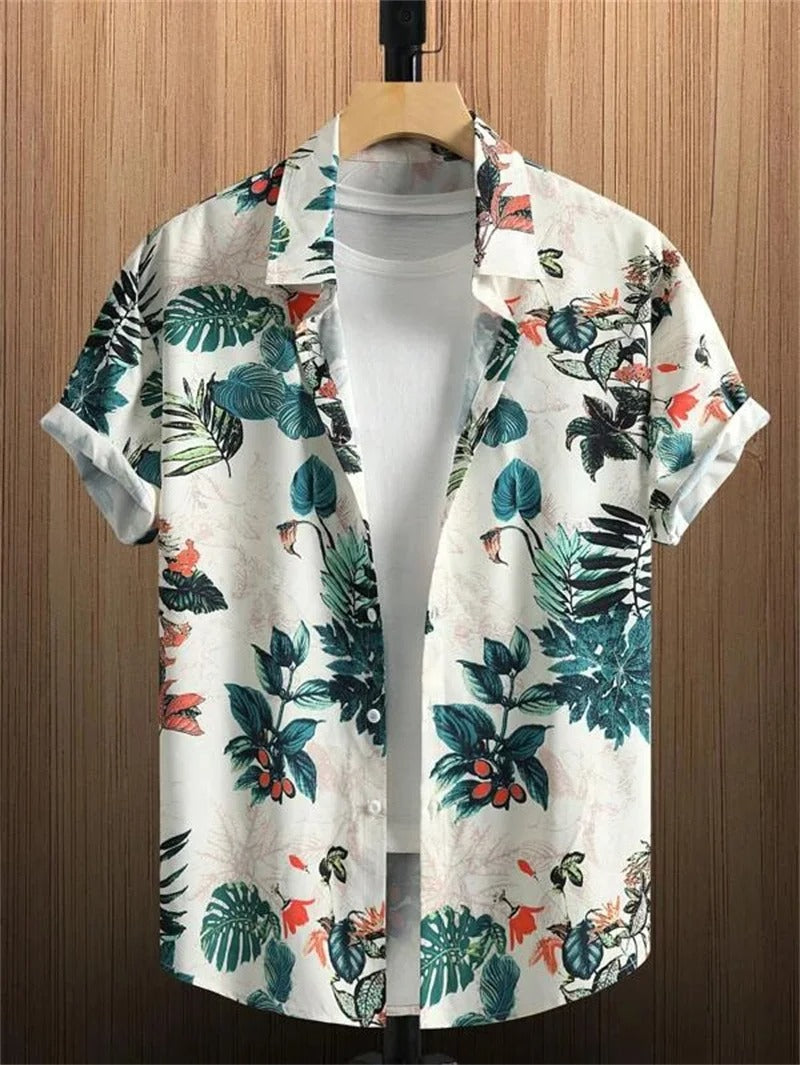 Men’s Short-Sleeved Shirt with Button Placket and Print