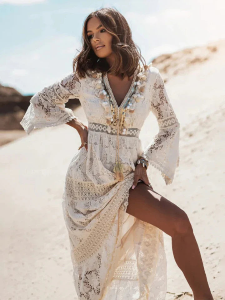 Bohemian Maxi Dress with Lace and Elegant Flared Sleeves