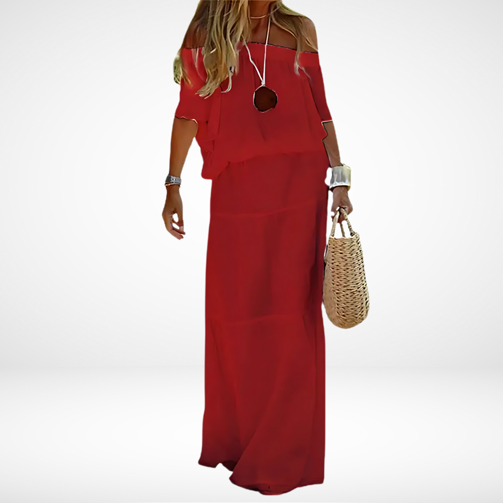 BohoBreeze – Elegant White Off-Shoulder Maxi Beach Dress