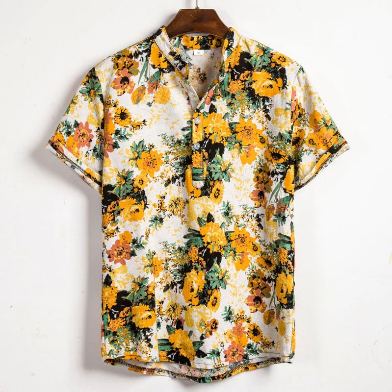 Men’s Short-Sleeved Shirt with Print and Stand-Up Collar