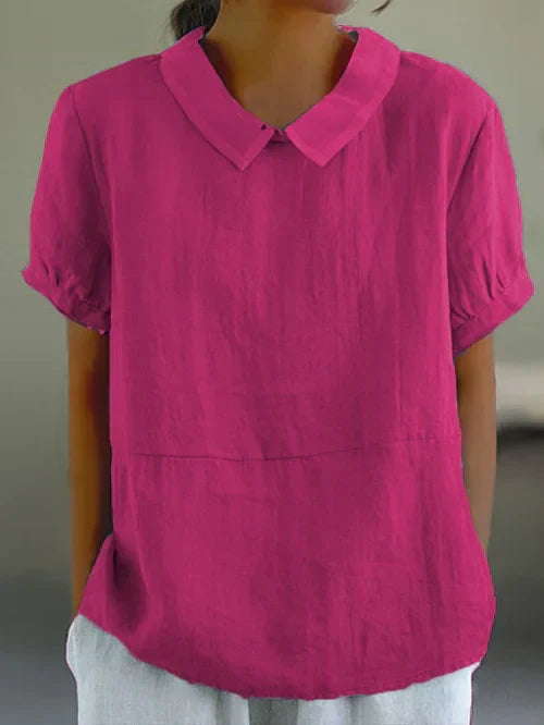 Short Sleeve Linen Blouse with Collar for Women