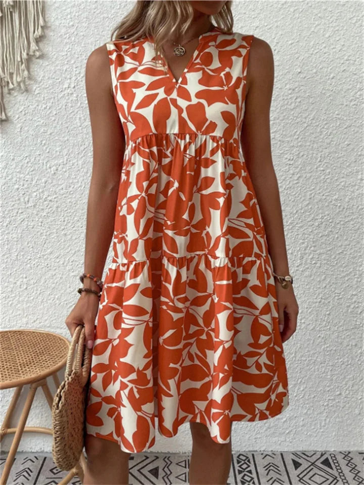 Women’s Mini Dress with Leaf Print and Tiered Skirt