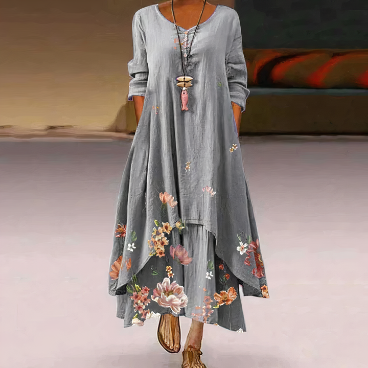 Women’s Long-Sleeve Midi Dress with Asymmetric Hem