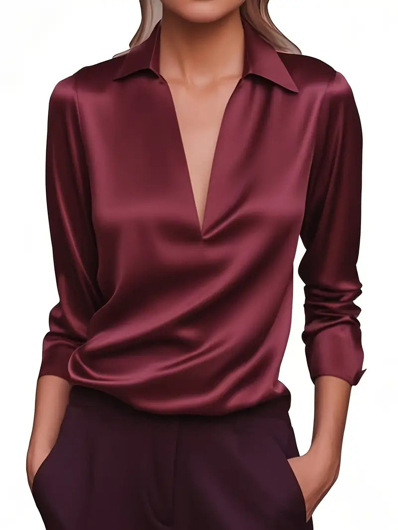 Women's Satin V-Neck Blouse with Draped Collar
