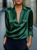 Women's Satin V-Neck Blouse with Draped Collar