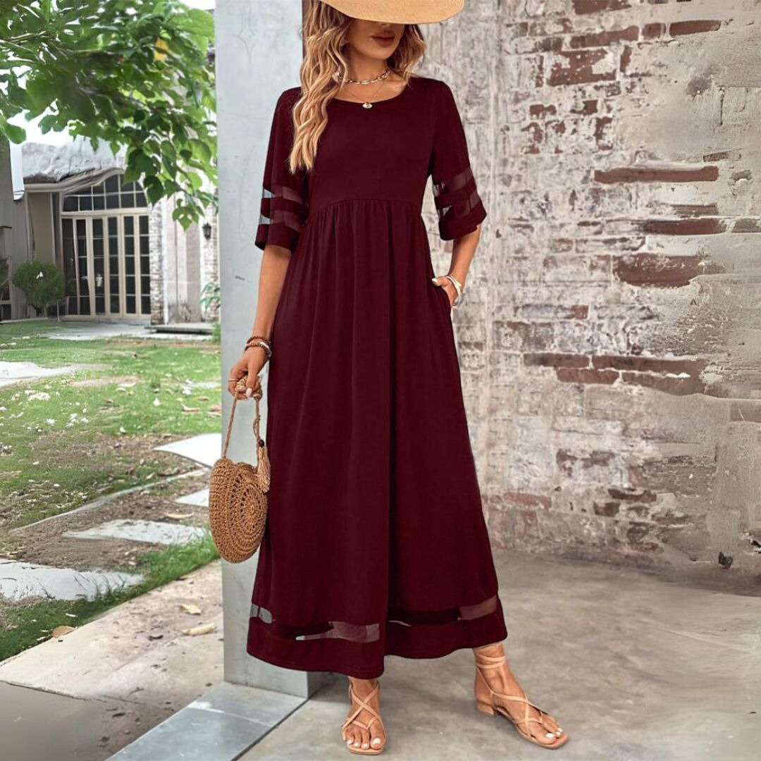Women’s Midi Dress with Round Neckline and Transparent Cuffs