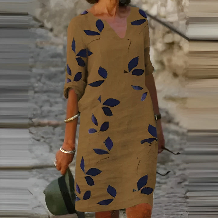 Women’s V-Neck Mini Dress with Leaf Print