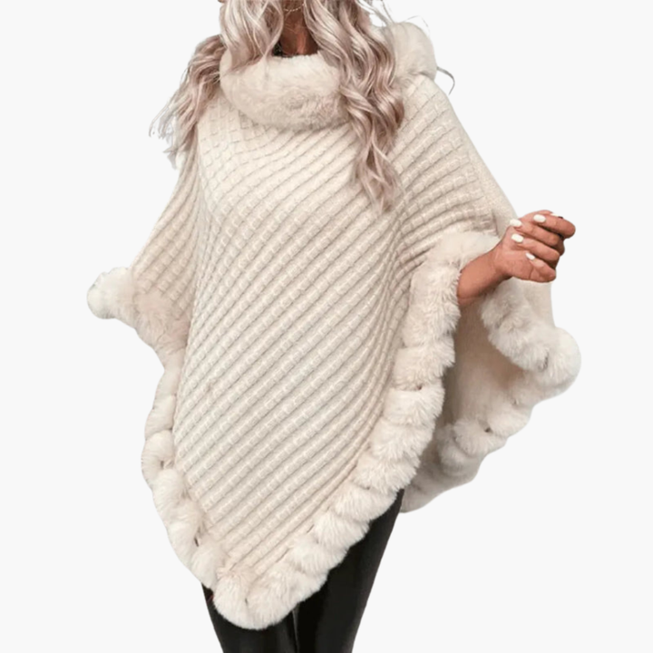 Women’s Knit Poncho with Faux Fur Trim and Oversized Fit