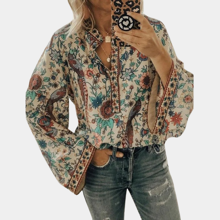 Women’s Long-Sleeved Blouse with Floral Pattern