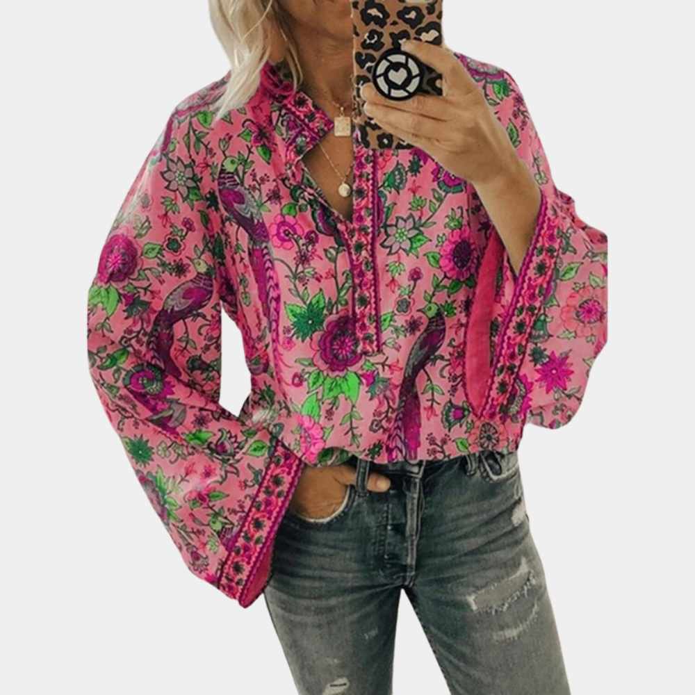 Women’s Long-Sleeved Blouse with Floral Pattern