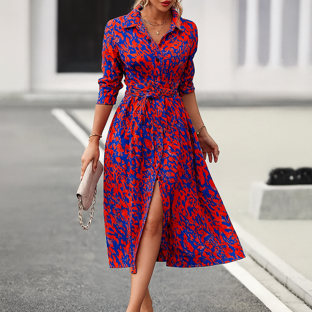 Printed A Line Shirt Dress with Slit