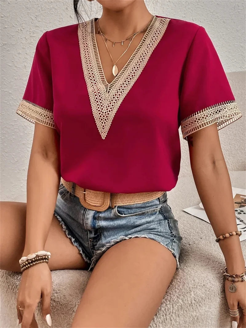Women’s Blouse with V-Neck and Embroidered Short Sleeves