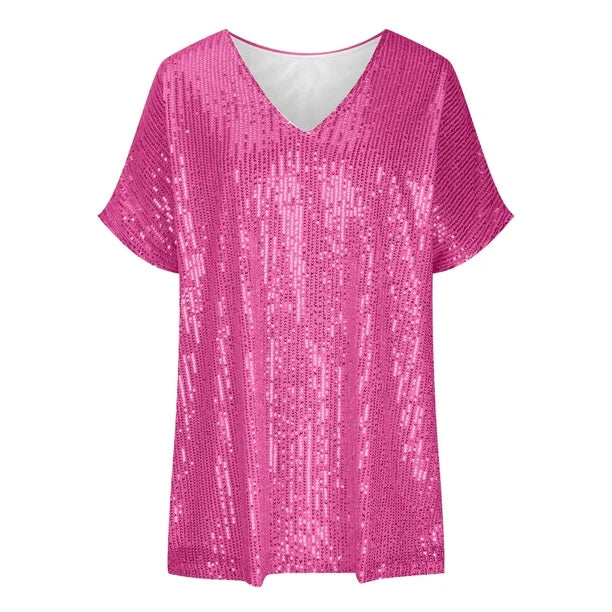 Women's Sequin Short-Sleeve V-Neck Shirt