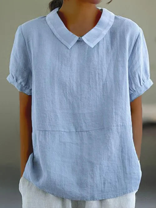 Short Sleeve Linen Blouse with Collar for Women