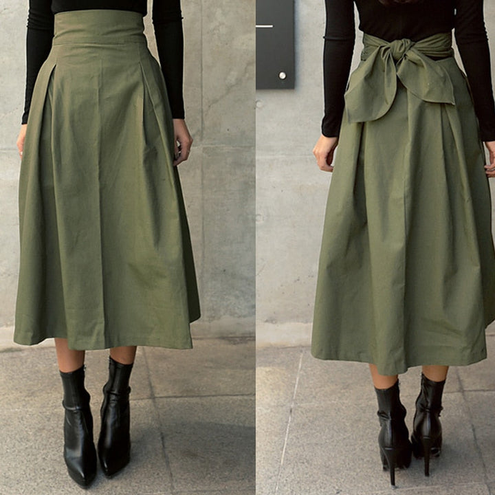 Women’s Summer Midi Skirt with Waist Pockets and Tie Waist