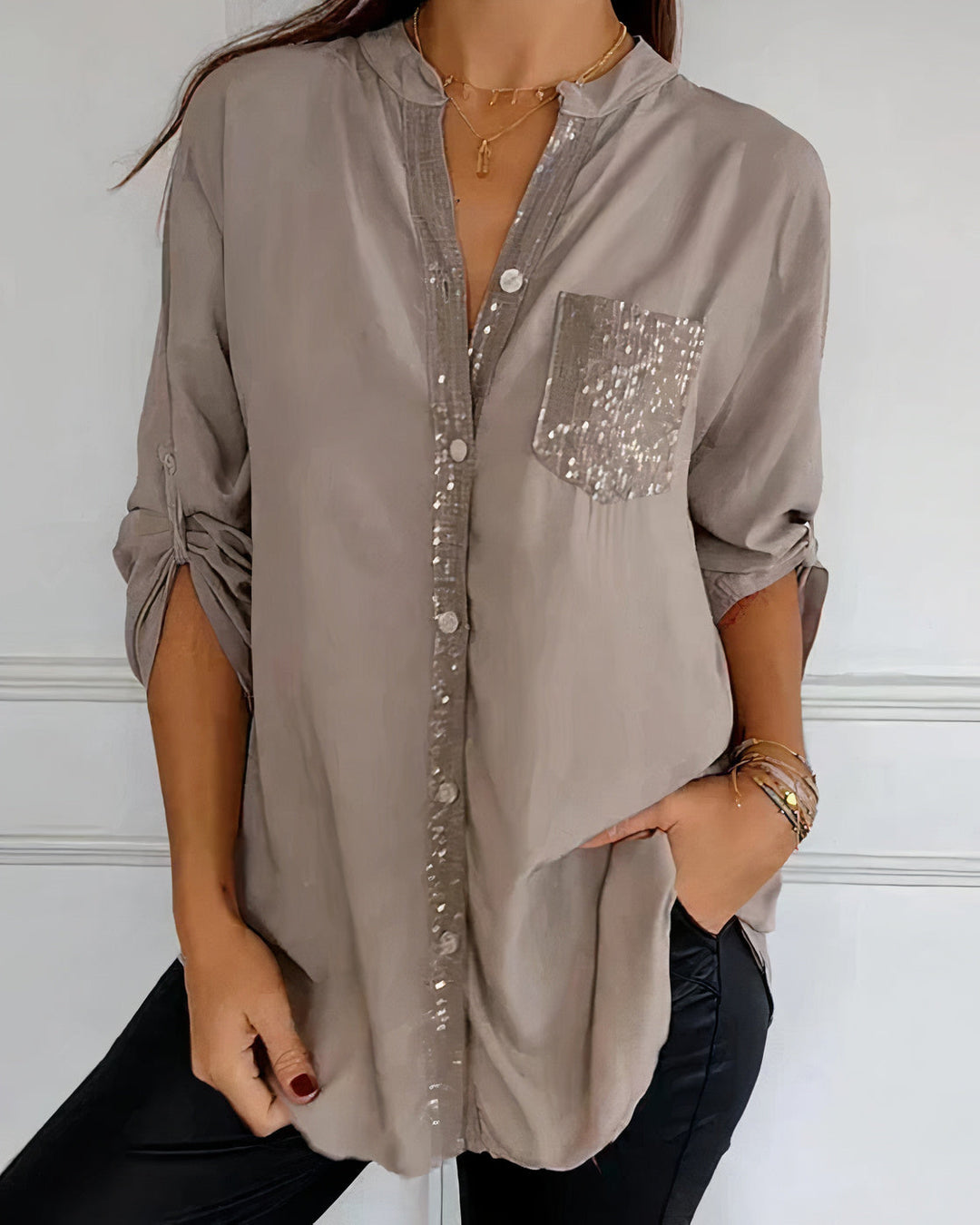 Women’s Summer Half Sleeve Blouse with Sequins and Buttons