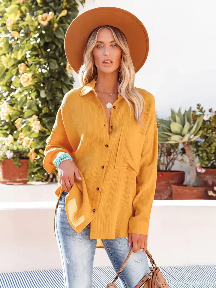 Women’s Long-Sleeved Button-Down Shirt with Front Pocket