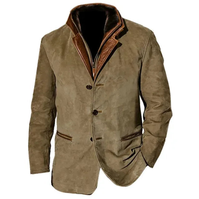 Men's Leather Jacket with Button Closure and Contrast Details