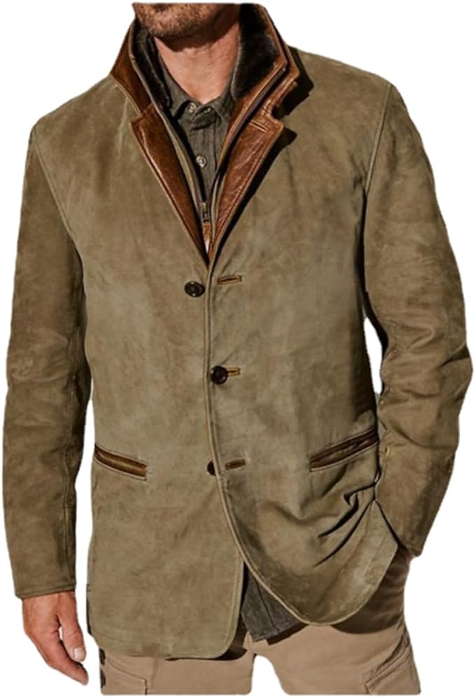 Men's Leather Jacket with Button Closure and Contrast Details
