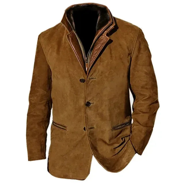 Men's Leather Jacket with Button Closure and Contrast Details