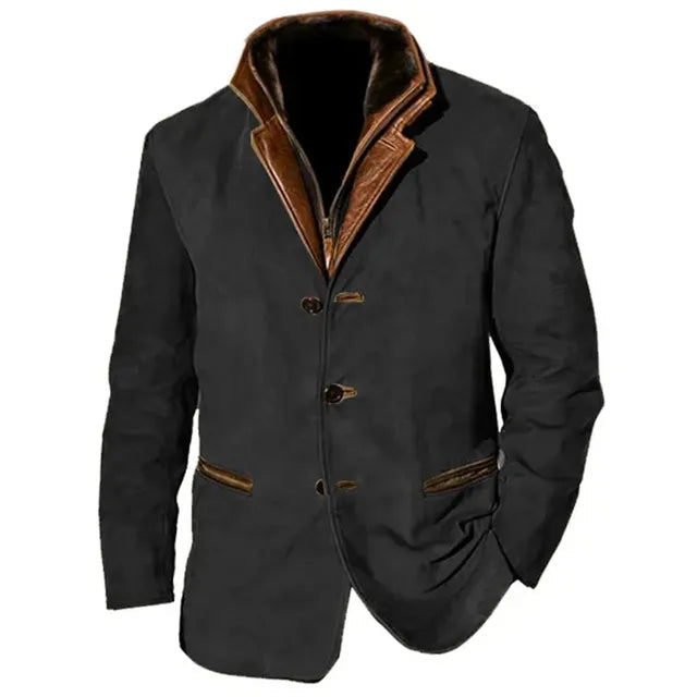 Men's Leather Jacket with Button Closure and Contrast Details