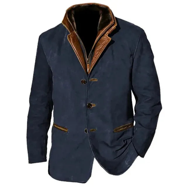 Men's Leather Jacket with Button Closure and Contrast Details