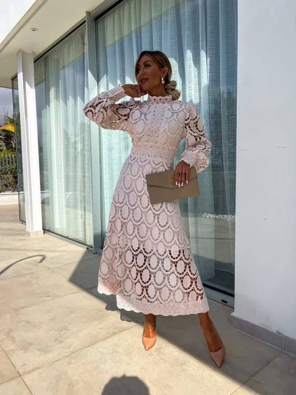 Women’s Midi Dress with Long Sleeves and High Neck