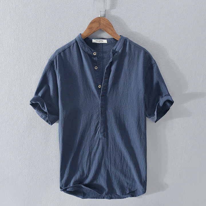 Men’s Short Sleeve Linen Shirt with Stand-Up Collar
