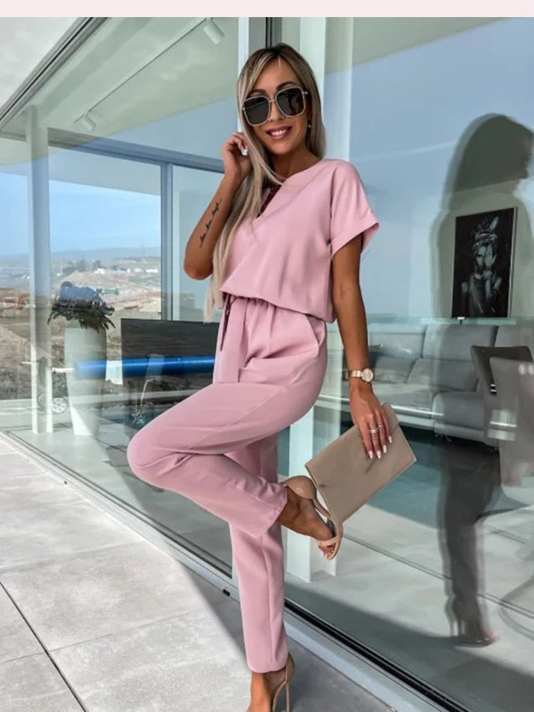 Short Sleeve Jumpsuit with Belt for Women