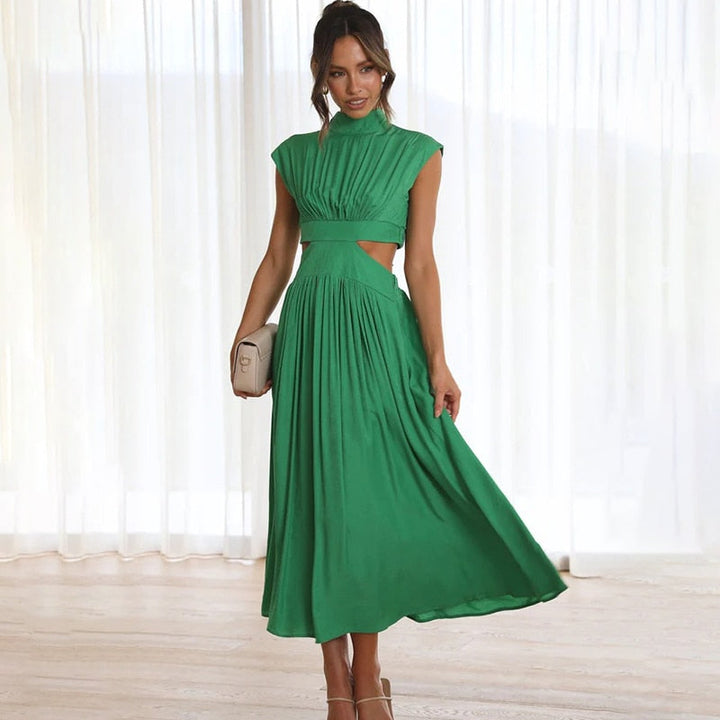 Women’s Midi-Length Pleated Dress with Cut-Out
