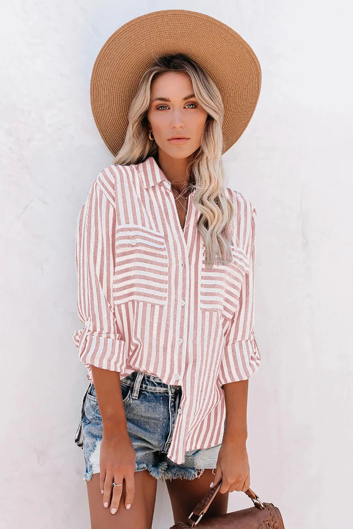 Women’s Striped Button-Down Shirt with Chest Pockets