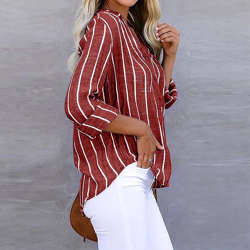 Women’s Summer Blouse with Long Sleeves and Vertical Stripes