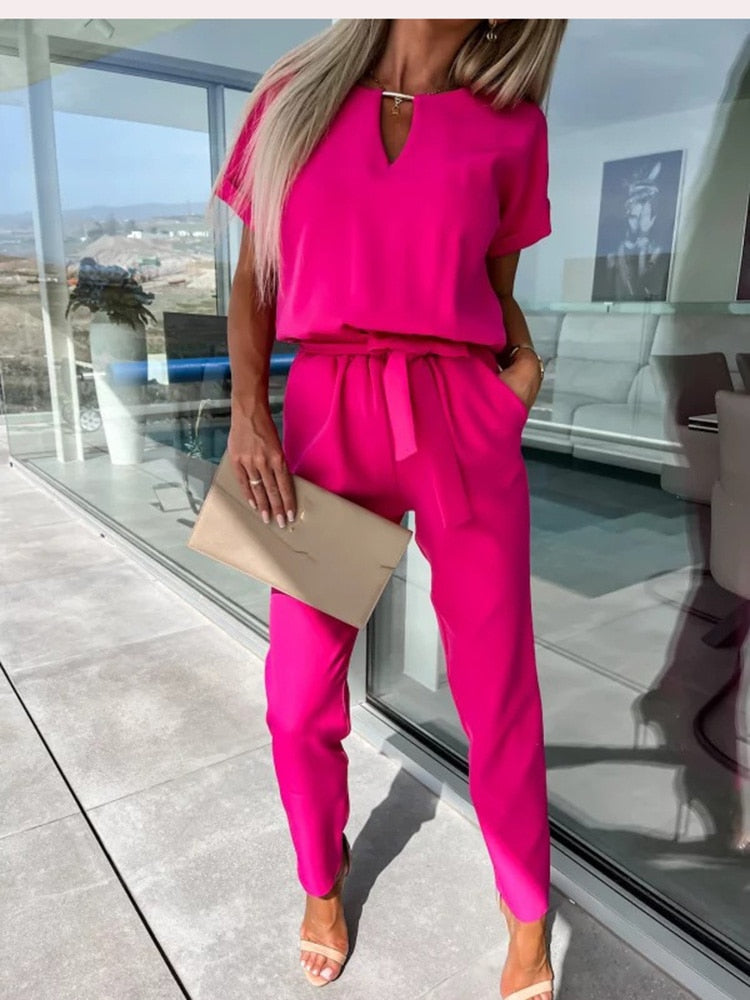 Short Sleeve Jumpsuit with Belt for Women