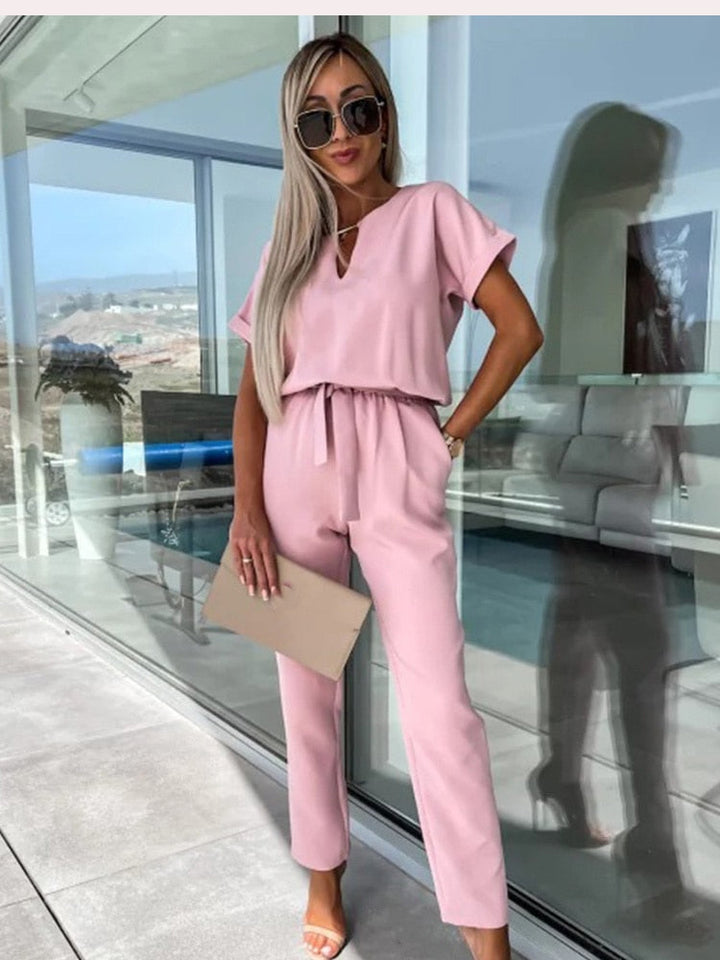 Short Sleeve Jumpsuit with Belt for Women