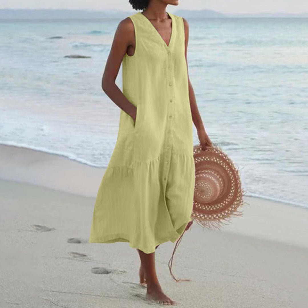 Summer Pure Color Cotton Strap Type Temperament Commute Trendy Long Dress Loose Waist Dress