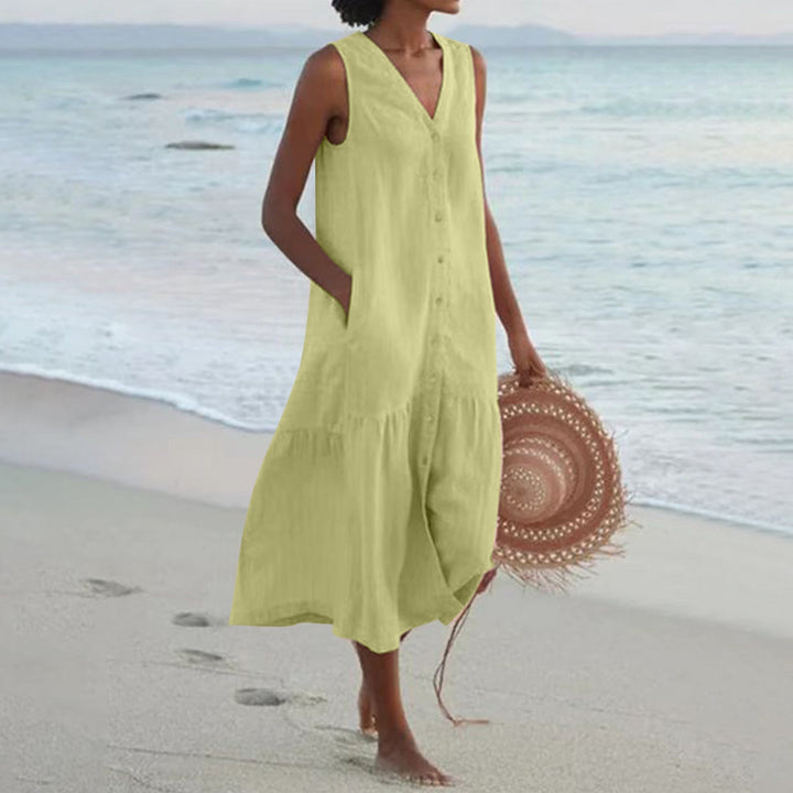 Summer Pure Color Cotton Strap Type Temperament Commute Trendy Long Dress Loose Waist Dress