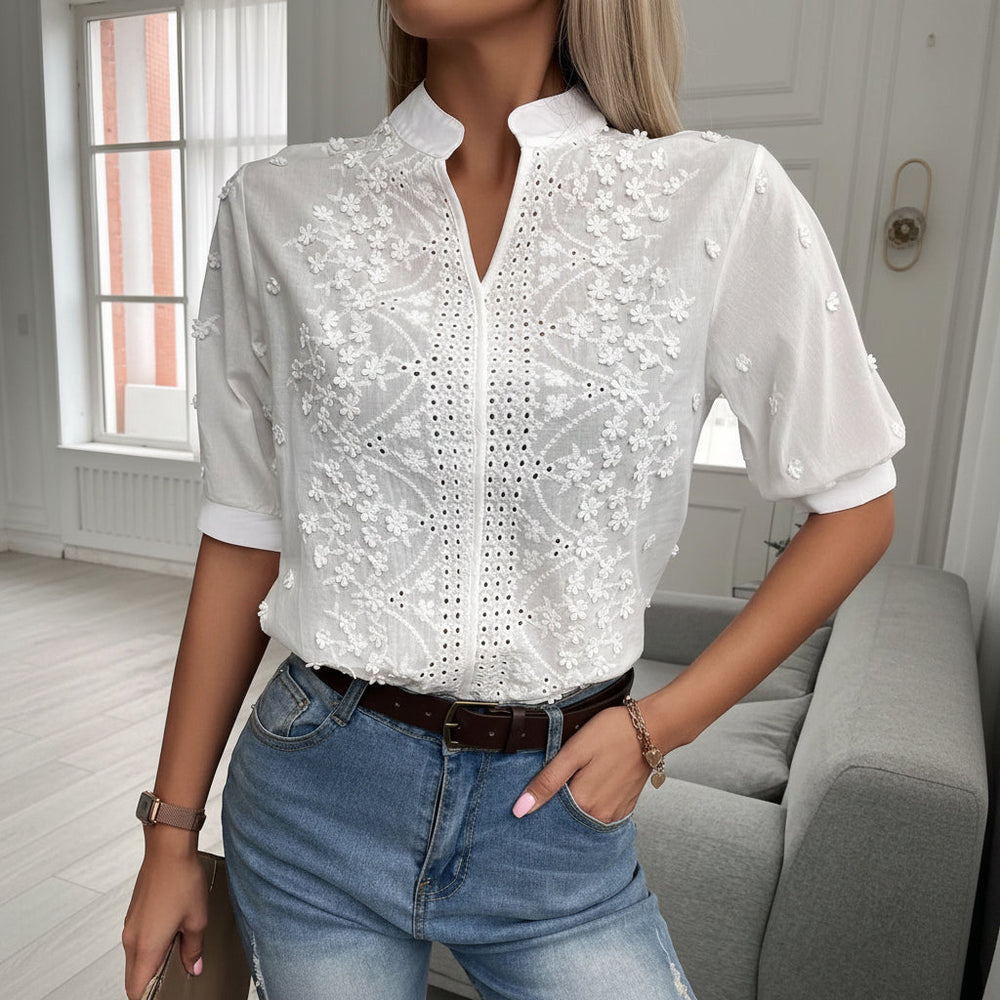 Women's Fashion V-neck Stand Collar Embroidery Lace Blouse Shirt