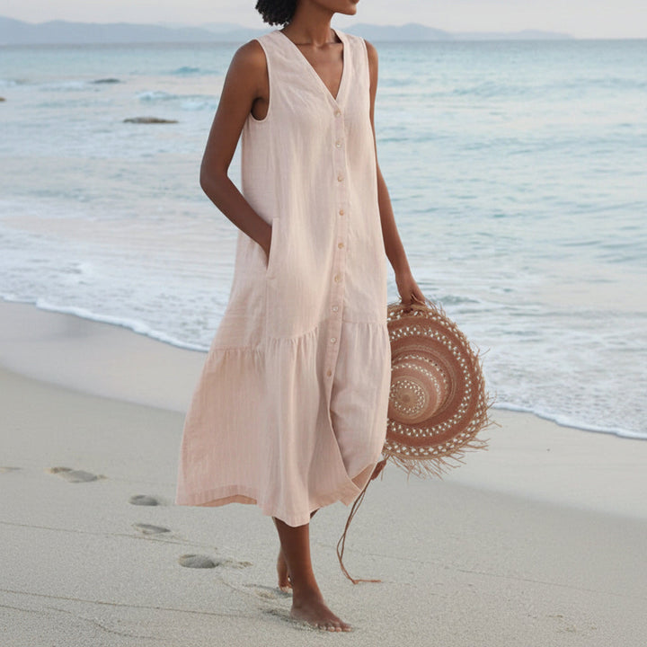 Summer Pure Color Cotton Strap Type Temperament Commute Trendy Long Dress Loose Waist Dress