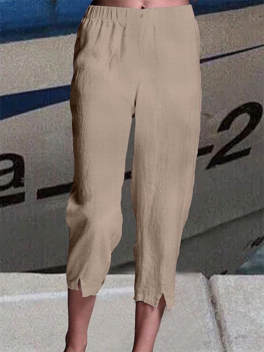 Women’s Linen Cropped Pants with Elastic Waist