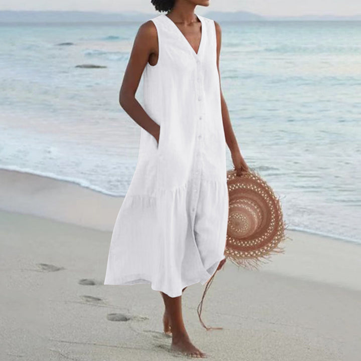 Summer Pure Color Cotton Strap Type Temperament Commute Trendy Long Dress Loose Waist Dress