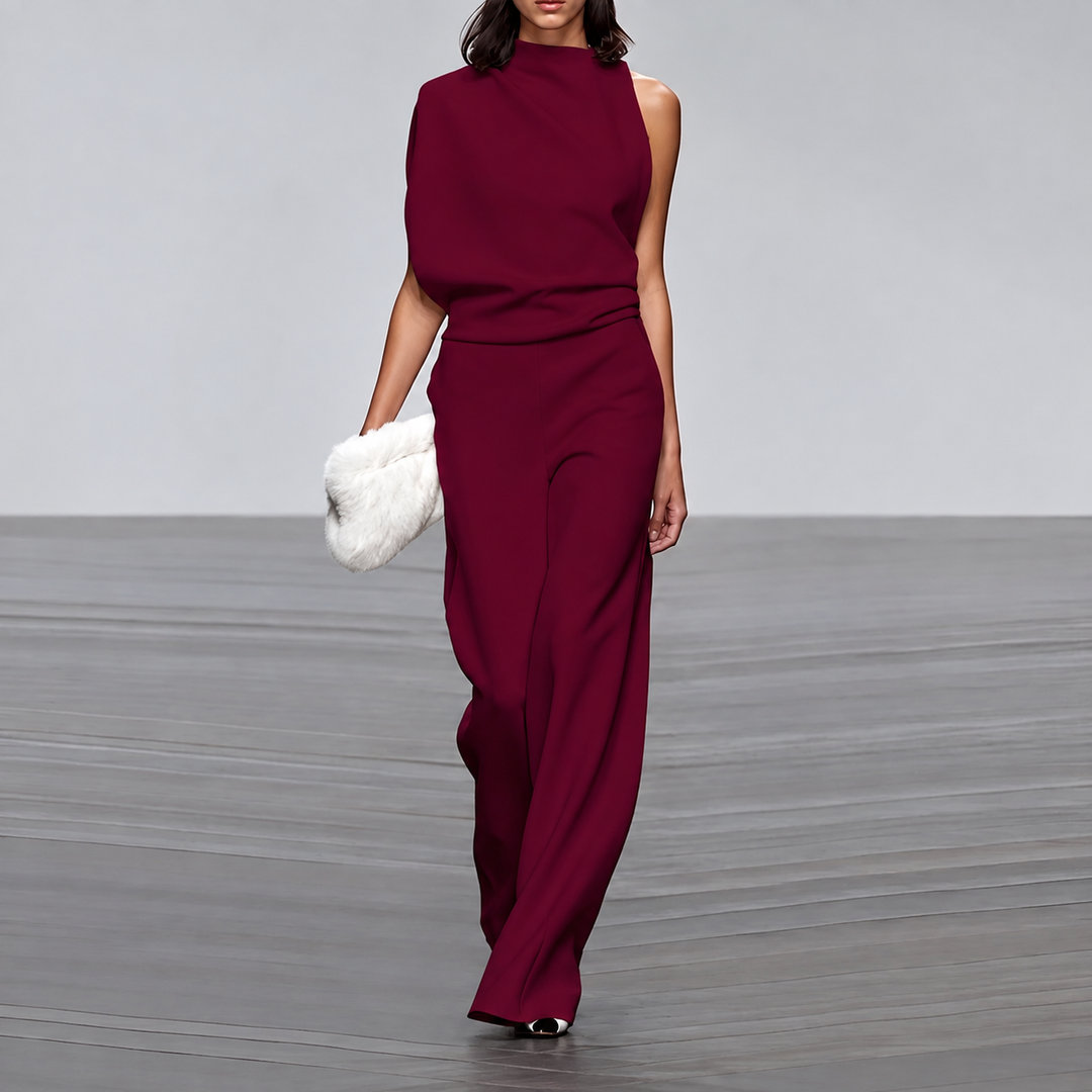High-Neck Asymmetric Shoulder Jumpsuit