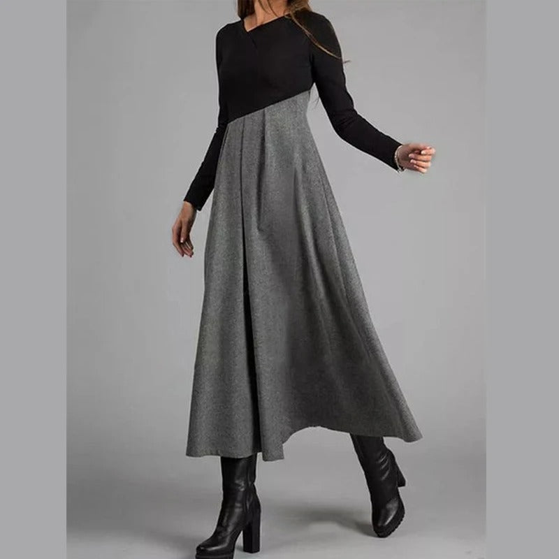Women’s Midi Dress with Long Sleeves and Pleated Skirt