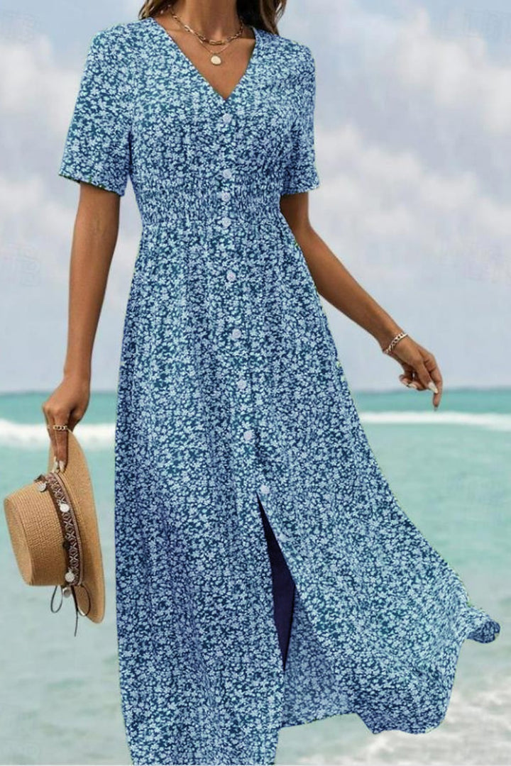 Women’s Printed Midi Dress with Front Buttons