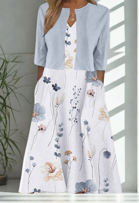 Women’s Floral Midi Dress with Crop Blazer Set